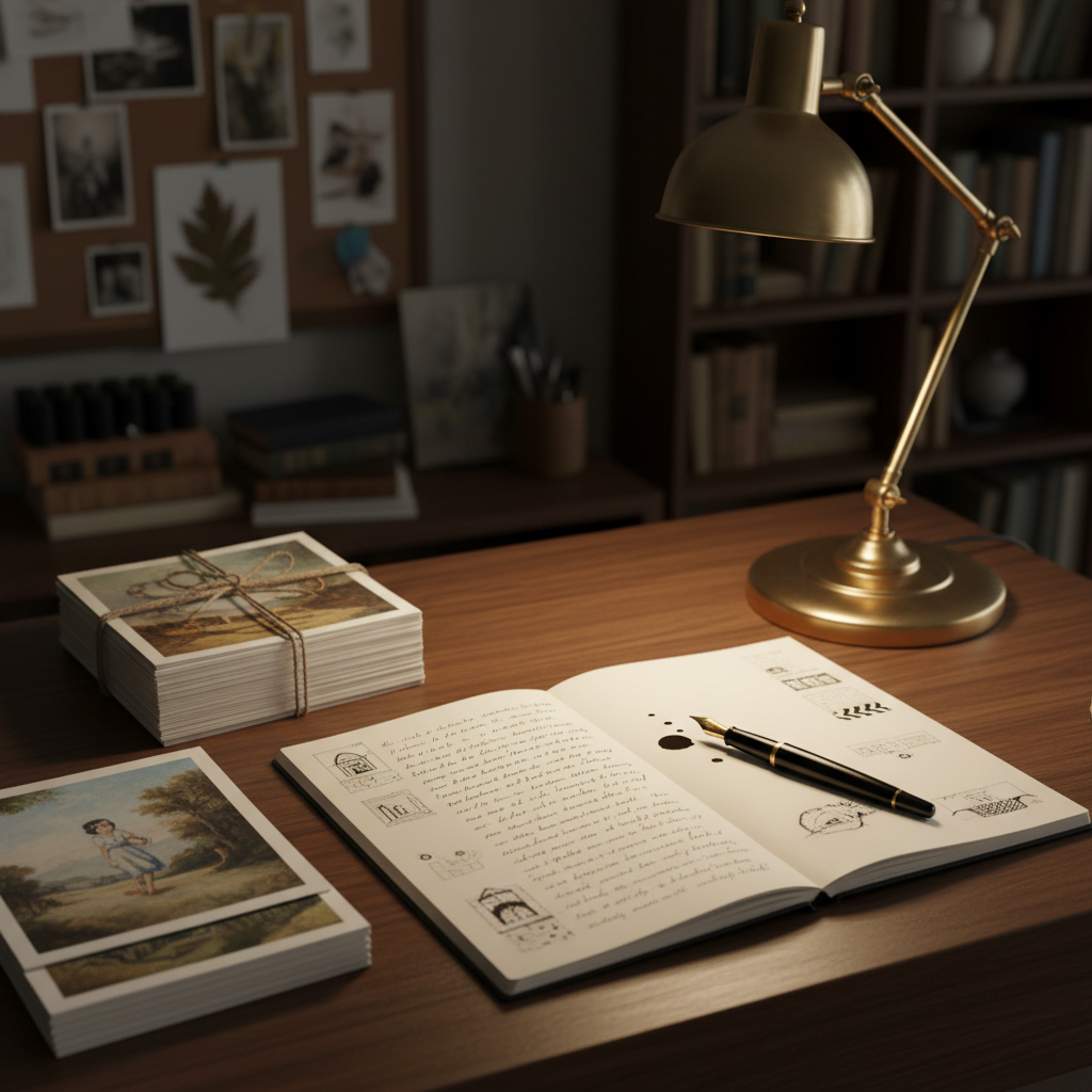 A refined writer–artist workspace in photographic realism, centered on a dark walnut table holding a slim, open notebook filled with neat, handwritten prose alongside delicate ink sketches in the margins. A black fountain pen with a gold nib rests diagonally across the page, a tiny ink blot spreading into the paper fibers. Nearby, a stack of small art prints tied with natural twine hints at completed projects. Soft, warm desk-lamp lighting pools over the writing surface, fading into a darker, blurred background of organized shelves and pinned inspiration cards. Shot from a shallow three-quarter angle with selective focus on the notebook, the mood is contemplative, organized, and quietly ambitious, ideal for an art and writing portfolio’s “About” or “Process” section.